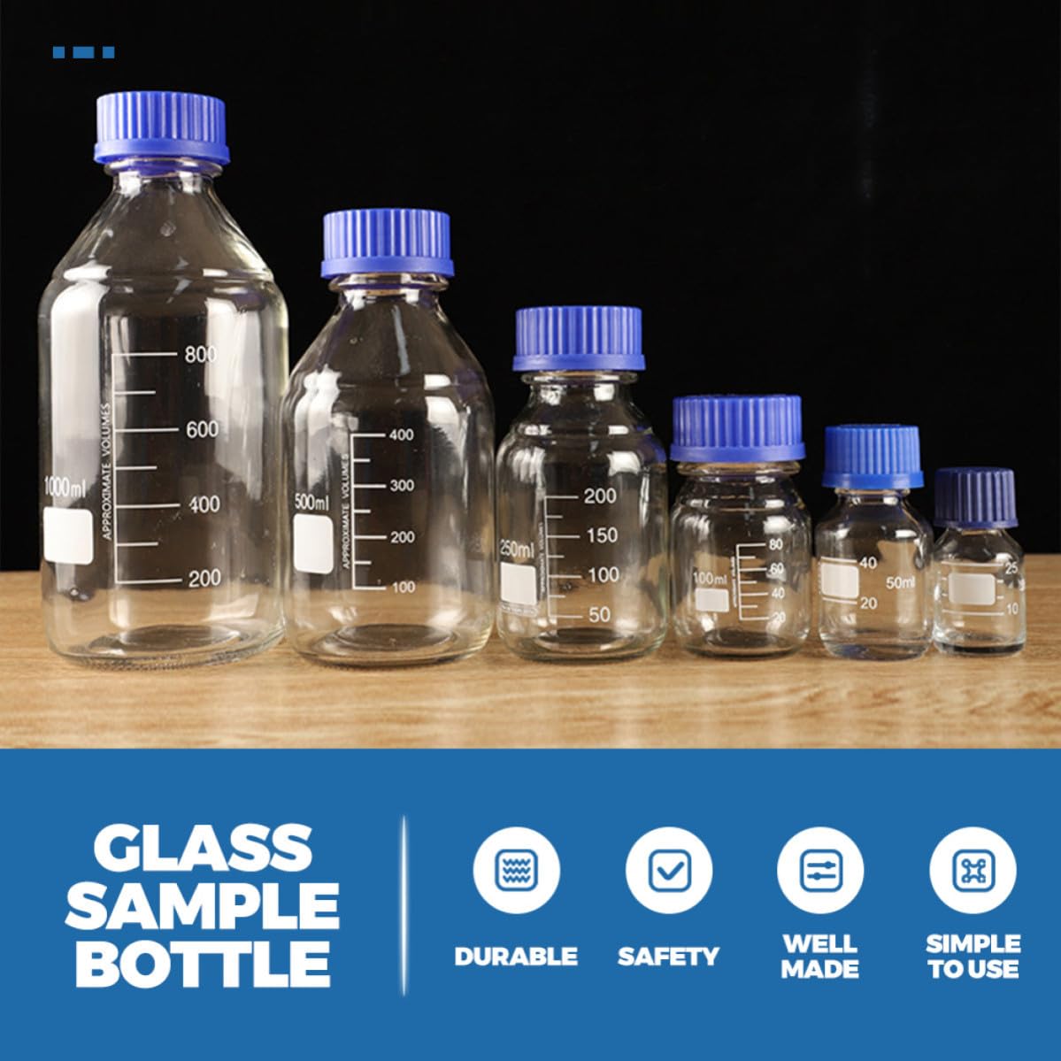 Veemoon 3 Pezzi Bottiglia di Vetro per Reagenti da 500ml Tappo a Vite Blu, Resistente a Rotture e Usura, per Impianti Chimici e Laboratori
