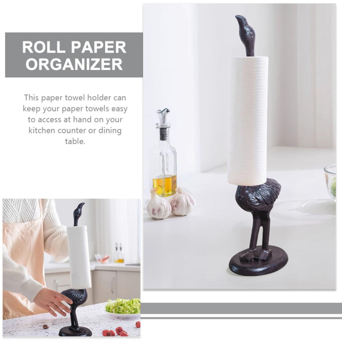 Toyvian Porta Rotolo Carta Cucina Fenicottero, Porta Carta Asciugatutto Verticale da Tavolo, Ferro Nero, Base Antiscivolo, per Cucina e Bagno