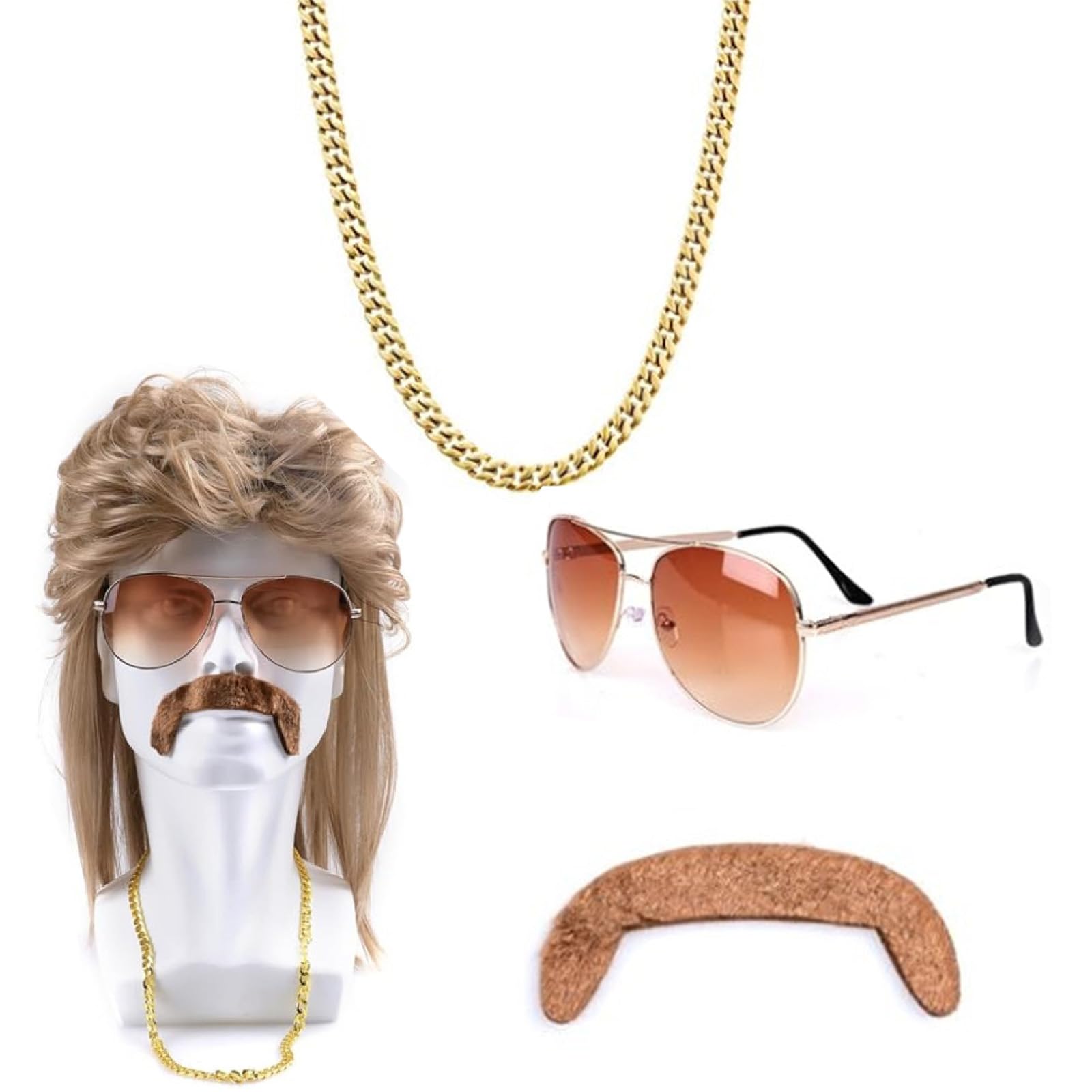 4 Piece Set Brown Mullet Wig, Pop Rock Wigs for Men, Artificial Hair, 80s Wave Halloween Costume Fashion Fancy Party Accessories