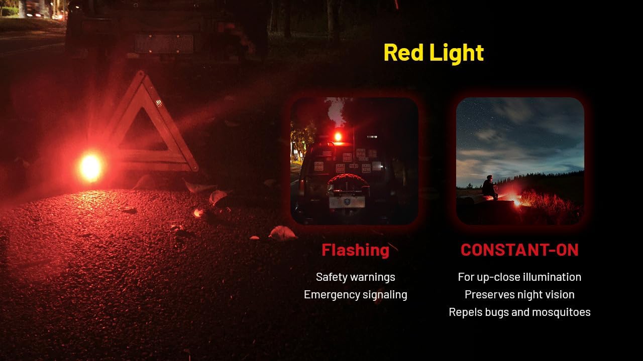 Red Light modes: Flashing for safety warnings and Constant-On for up-close illumination
