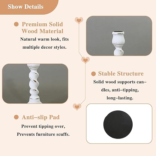 Miniatura 2 de Pillar Candle Holder, 3 Pcs Rustic White Candle Holders Sets, 100% Solid Wood Decorative Candlestick Holders Distressed Wooden Farmhouse Decor