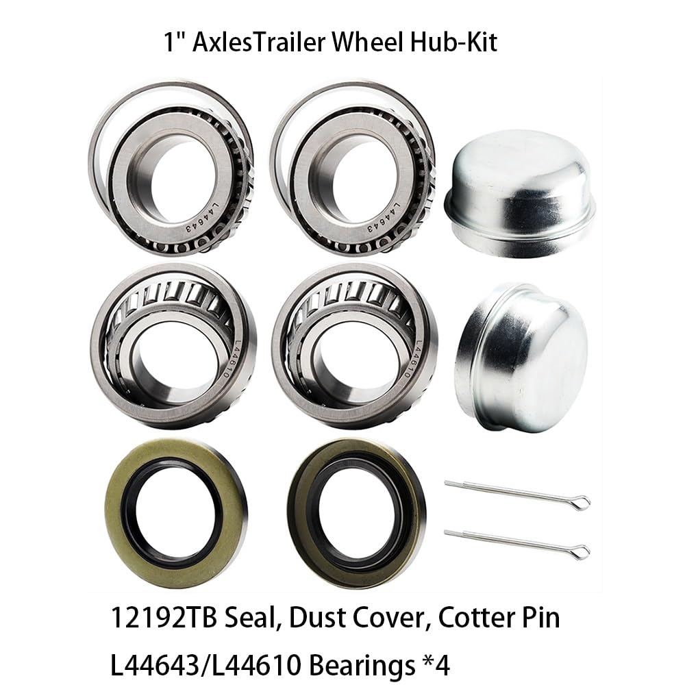 Bearings Replacement 2 Set 1'' Axles Trailer Wheel Hub Bearings Kit, L44643/L44610,1.000a"x1.980"x0.580" inch,12192TB Seal,Dust Cover,Cotter Pin