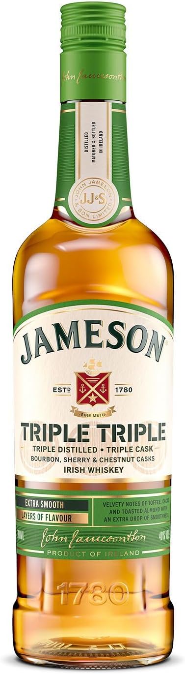 Triple Triple | Blended Irish Whiskey | Triple Distilled | Triple Cask Matured | Unique Blend of Bourbon, Sherry and Chestnut Casks | 40% ABV | 70cl | Toffee, Cocoa and Toasted Almond Notes