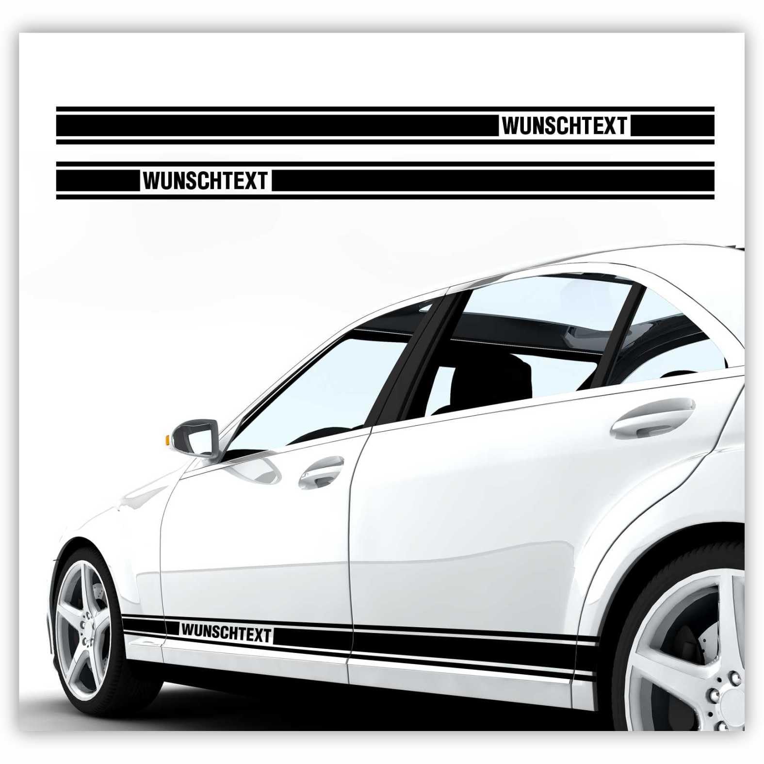 Seitenstreifen Aufkleber GT Style Set Auto Deko in Wunschfarbe mit Wunschtext - passend für Mercedes, BMW, Audi, Skoda, VW, Seat, Kombi und Limousine