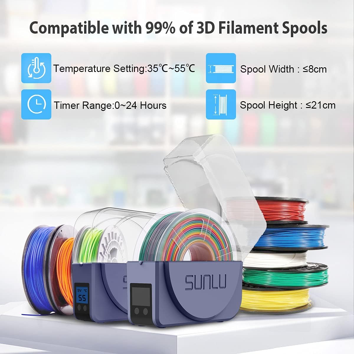SUNLU Filament Dryer, Filament Storage Box, 3D Printer Dry Box, Make The Moisture-Absorbed(Wet) Filament Good Again, Compatible with PETG TPU ABS PLA Filament, Spool Holder, Grey Blue