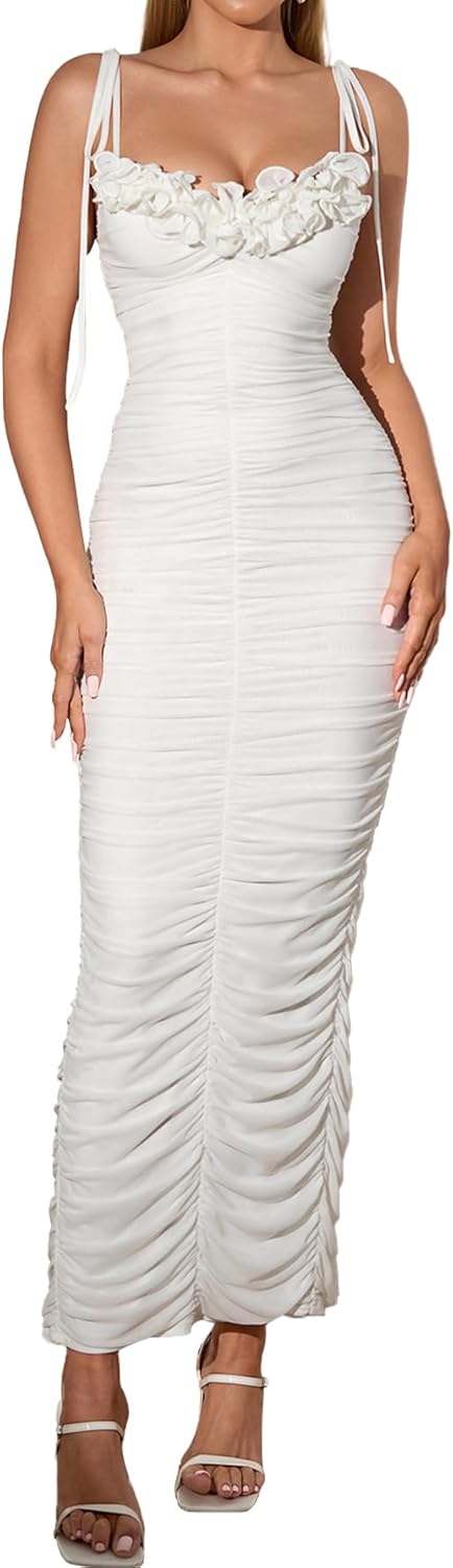 HTZMO Women's Tie Shoulder Formal Bodycon Maxi Dresses Sleeveless Ruffle Ruched Wedding Guest Cocktail Party Long Dress