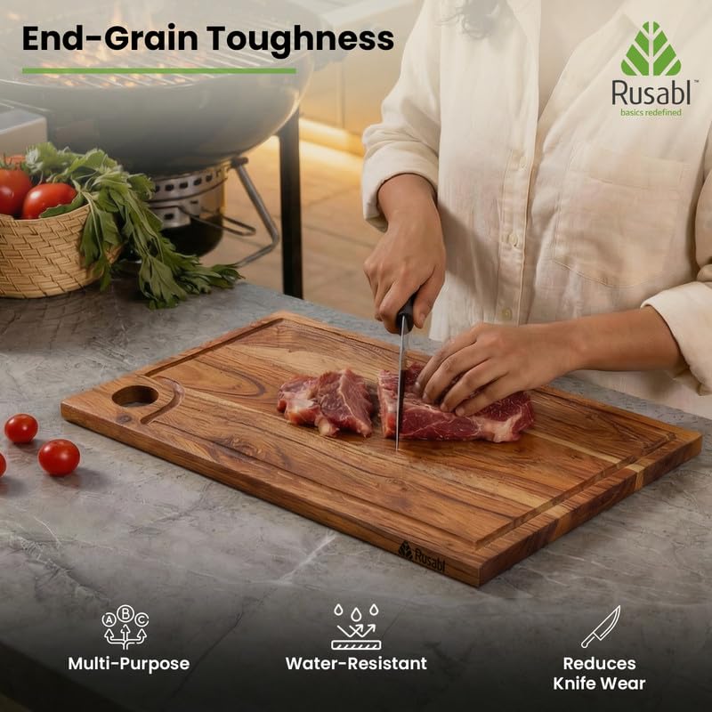 Image of Rusabl EcoWood Terra Acacia Wood Chopping Board, 40.6 x 22.9 x 1.5 cm, XXL | Handcrafted End Grain Rectangular Cutting Board for Fruits & Vegetables