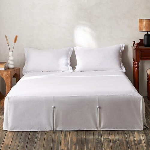 BISELINA Falda de cama de lino francés, esquina dividida con botón, caída a medida de 14 pulgadas, mezcla de algodón de lino natural, con volantes