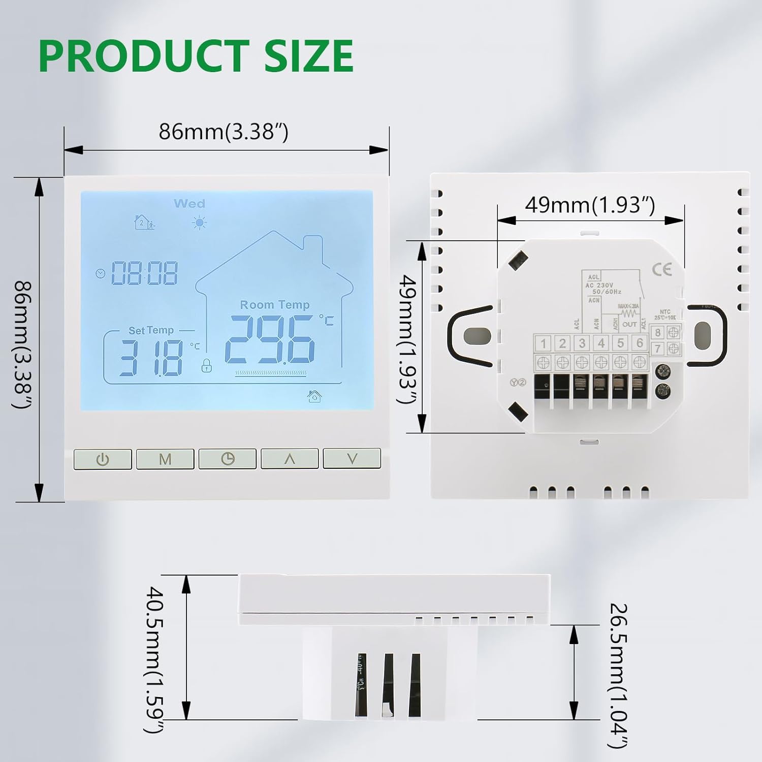 Diagram showing the dimensions of the Wengart WG902 thermostat