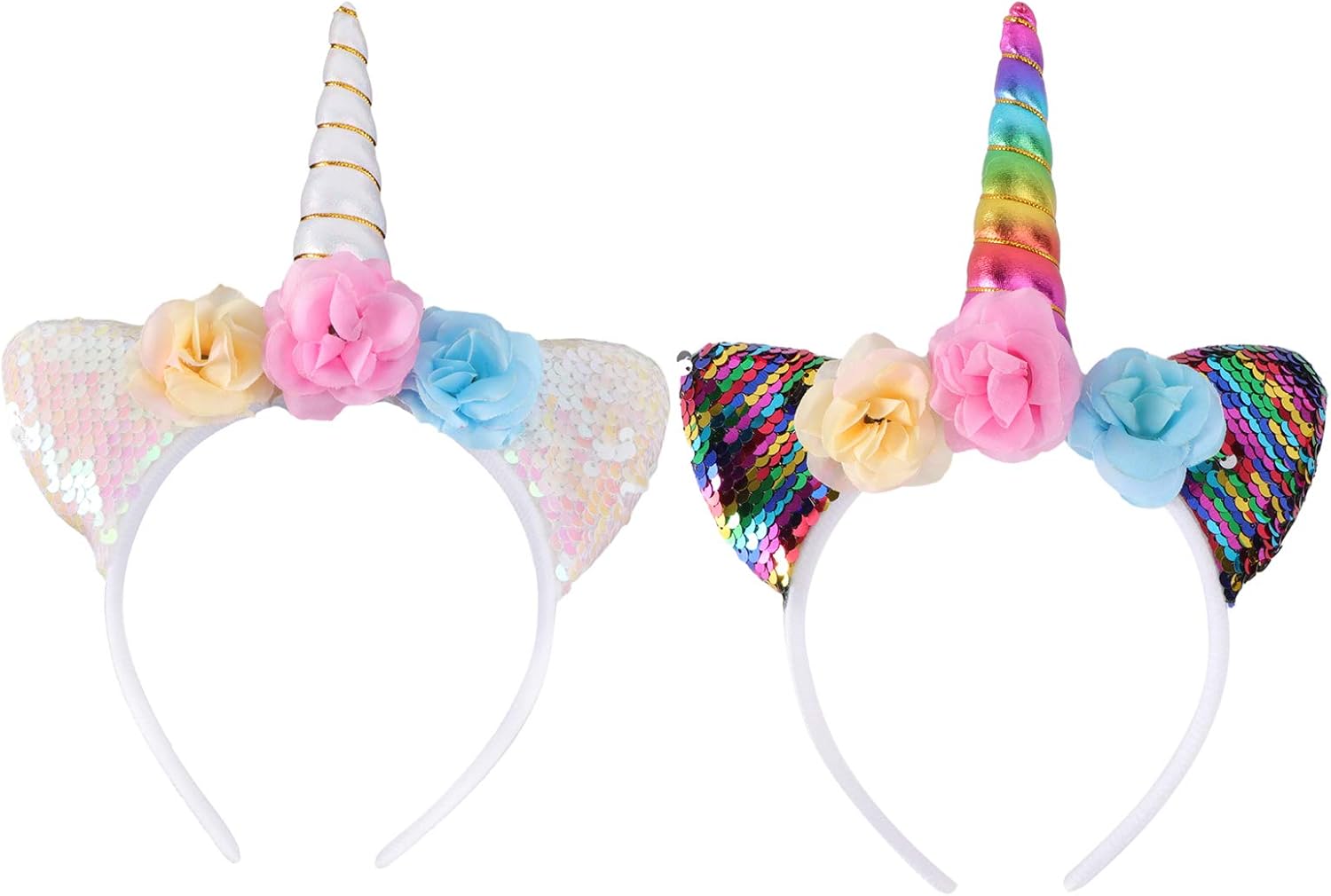 Minkissy 2pcs diademas de unicornio, lindas lentejuelas brillantes orejas de gato diademas de unicornio para fiesta de cumpleaños