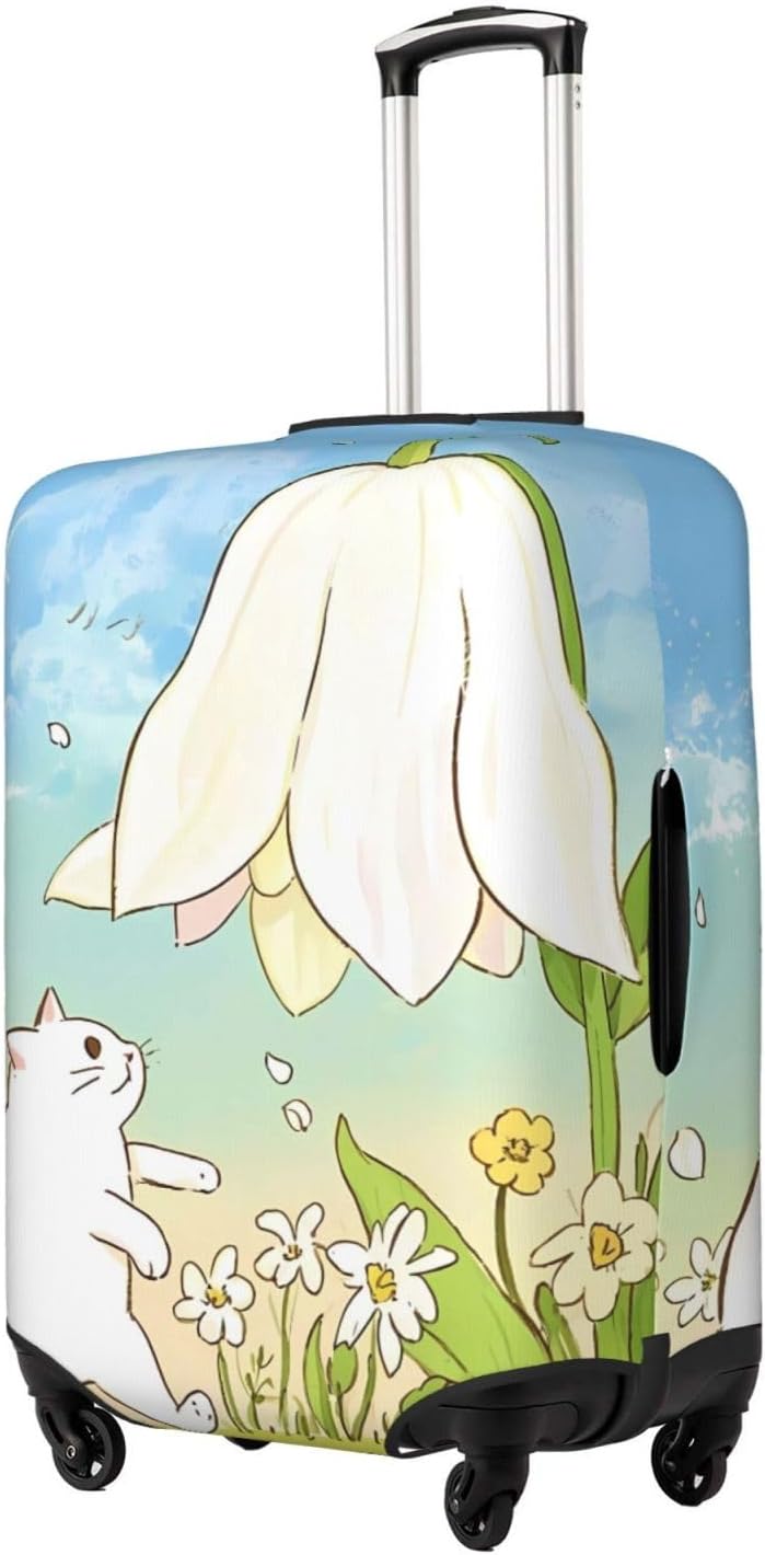 Cartoon Cat And Flower In Light Blue Luggage Covers For Suitcase Elastic Suitcase Cover Protector Scratch-Resistant Covers For 29-32 Inch Luggages XL