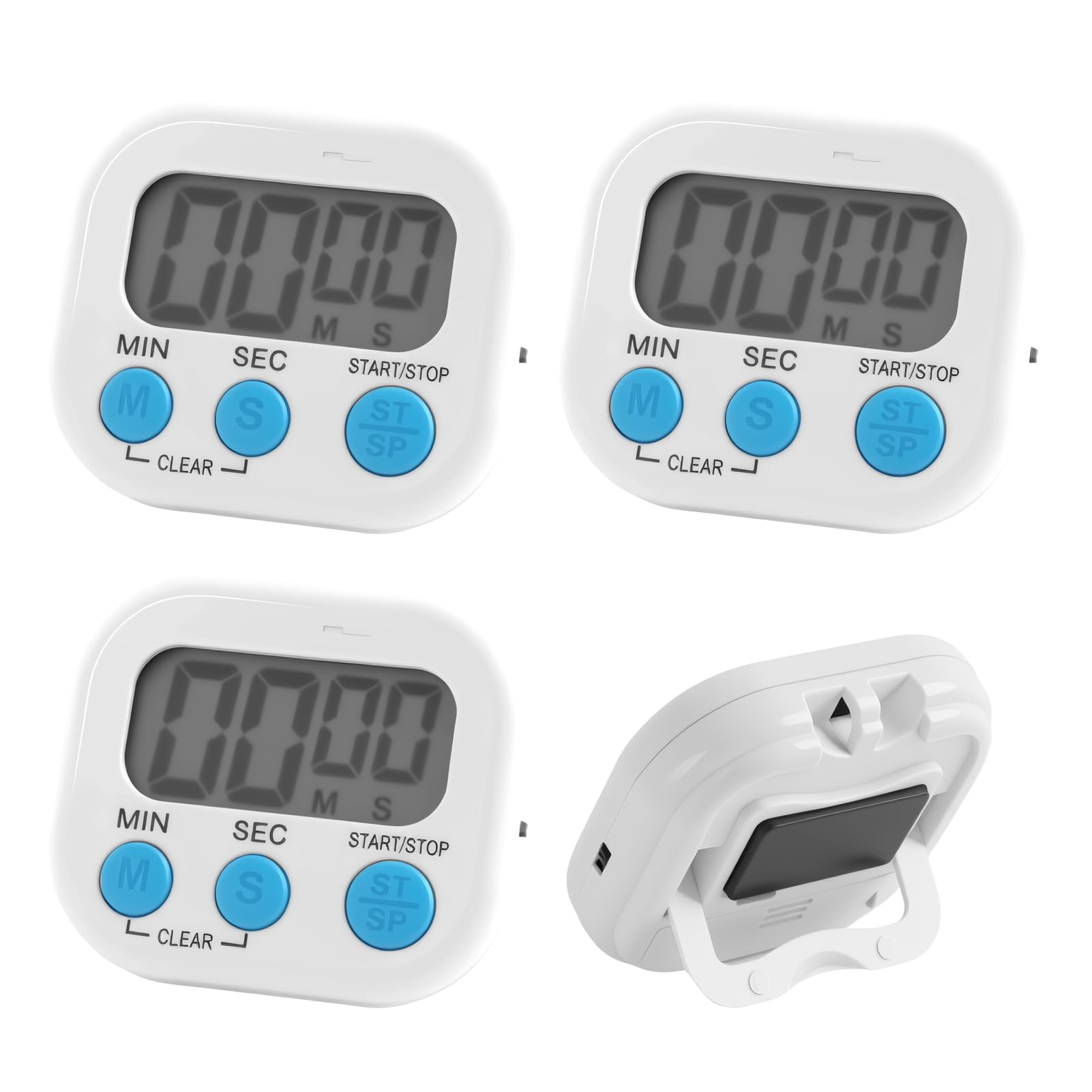 4 PCS Digital Kitchen Timers for Cooking, Magnetic Countdown Timer with Loud Alarm, Wtih Fold-Out Stand Lcd Display Stopwatch for Cooking Homework Fitness Classroom and Office White