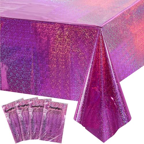 Image of 4 Pack Iridescence Plastic Tablecloths Shiny Disposable Laser Rectangle Table Covers Holographic Foil Tablecloth Iridescent Kpop Birthday Bridal Wedding Party Decoration, 54 inch x 108 inch(Pink & Purple)