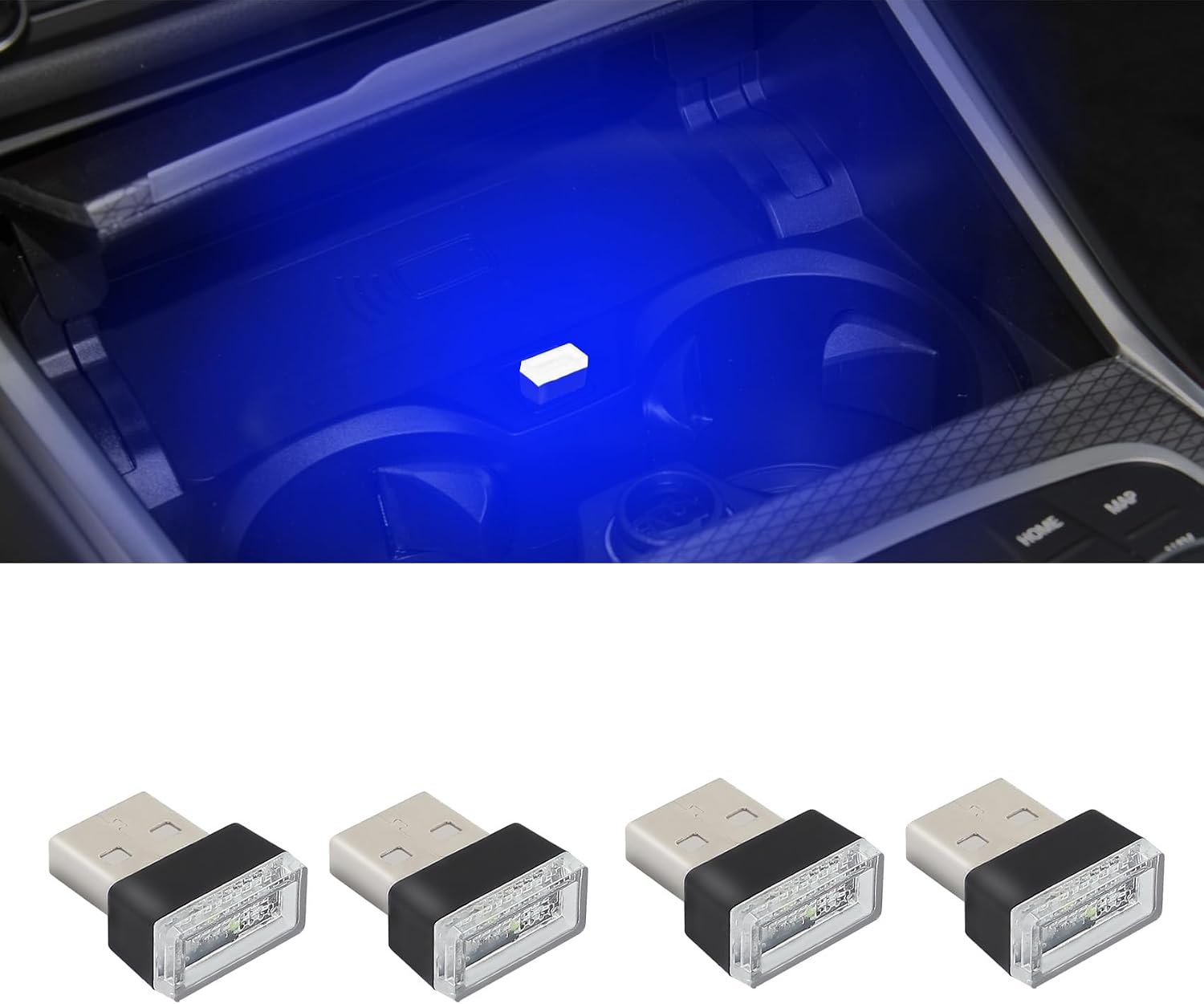 4PCS USB LED Car Interior Atmosphere Lamp, Plug-in USB Decor Night Light, Portable Auto Ambient Lighting Kit, Universal Car Interior Accessories LED Night Light for Most Cars (Blue)