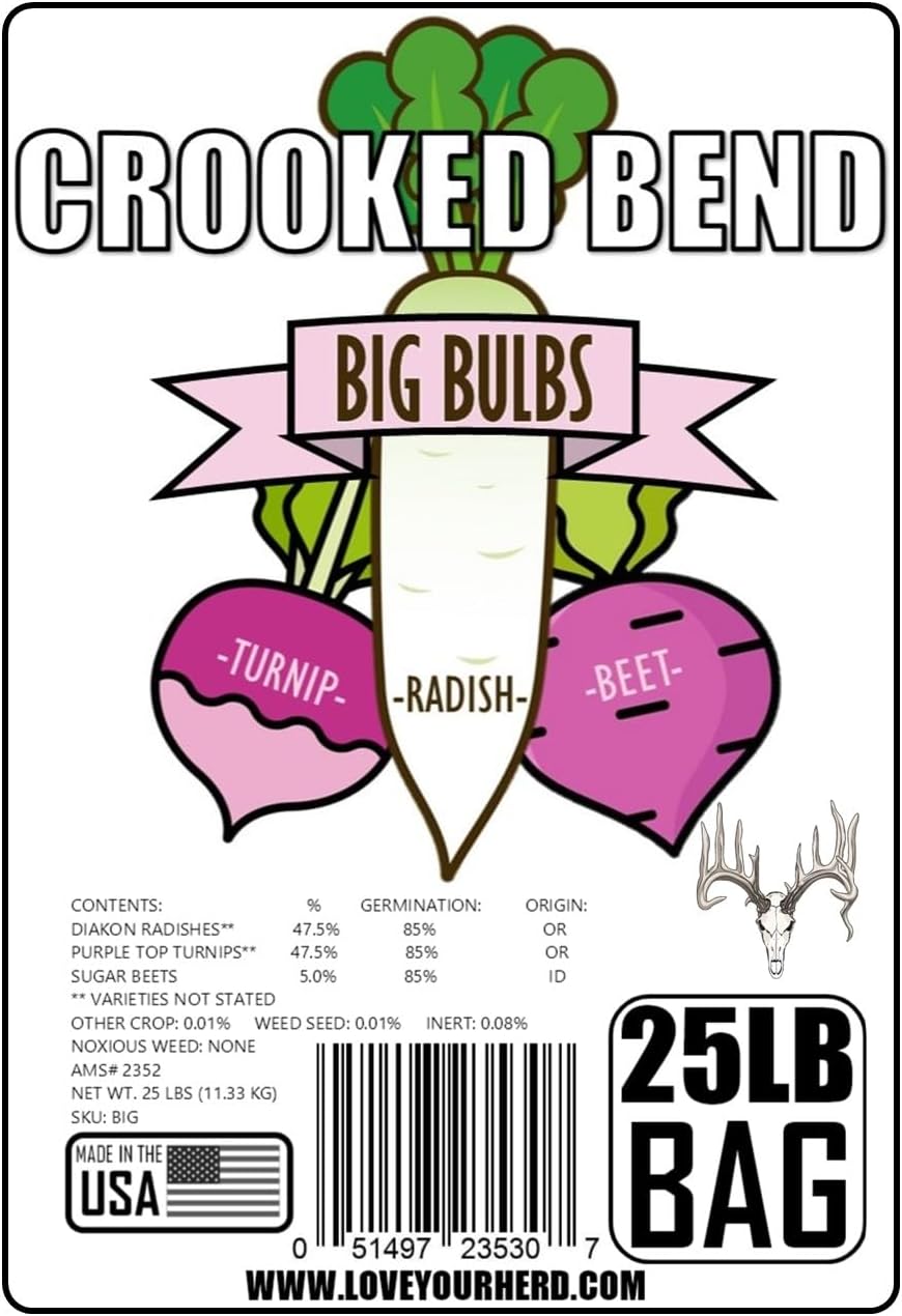 Crooked Bend, Big Bulbs, 25 LBS, Bulk Fall Food Plot Seed Mix for Whitetail Deer & Wild Turkey, No Till & No Plow, Throw & Grow Radish, Turnip & Sugar Beet Seeds