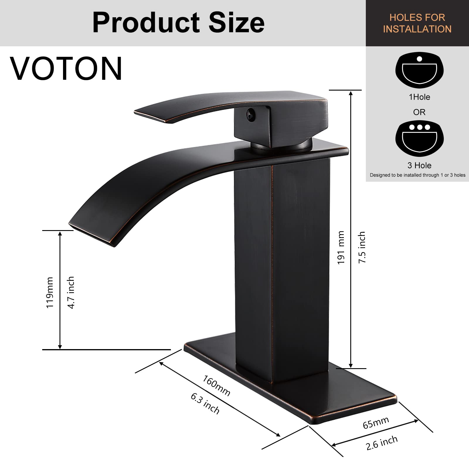 VOTON Bathroom Sink Faucet Oil Rubbed Bronze Waterfall Bathroom Faucet with Pop Up Drain Black Single Handle Sink Faucet Bathroom 1 Hole with 3 Hole Deck Plate, Rv Lavatory Vessel Faucet