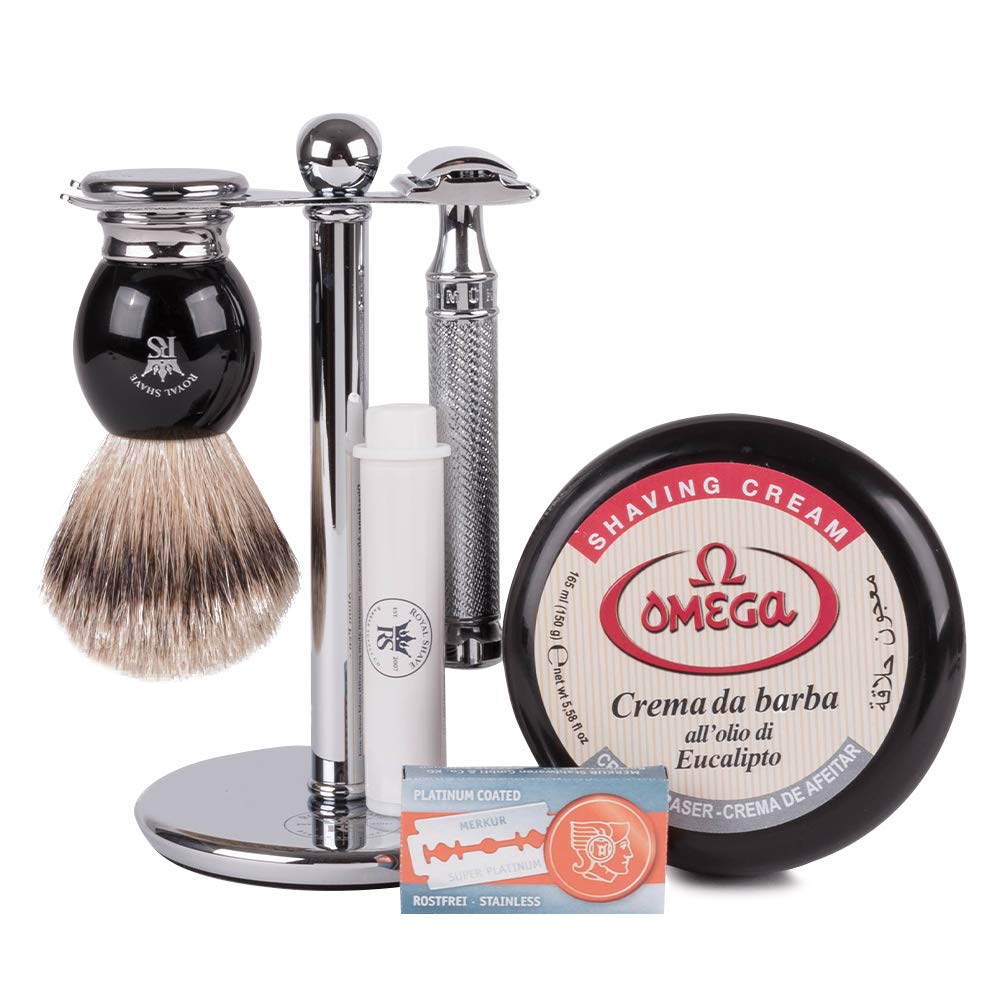 RoyalShave Muhle R89 Twist Safety Razor + Omega Shaving Cream Kit- Gift Set with Safety Razor, Shavi