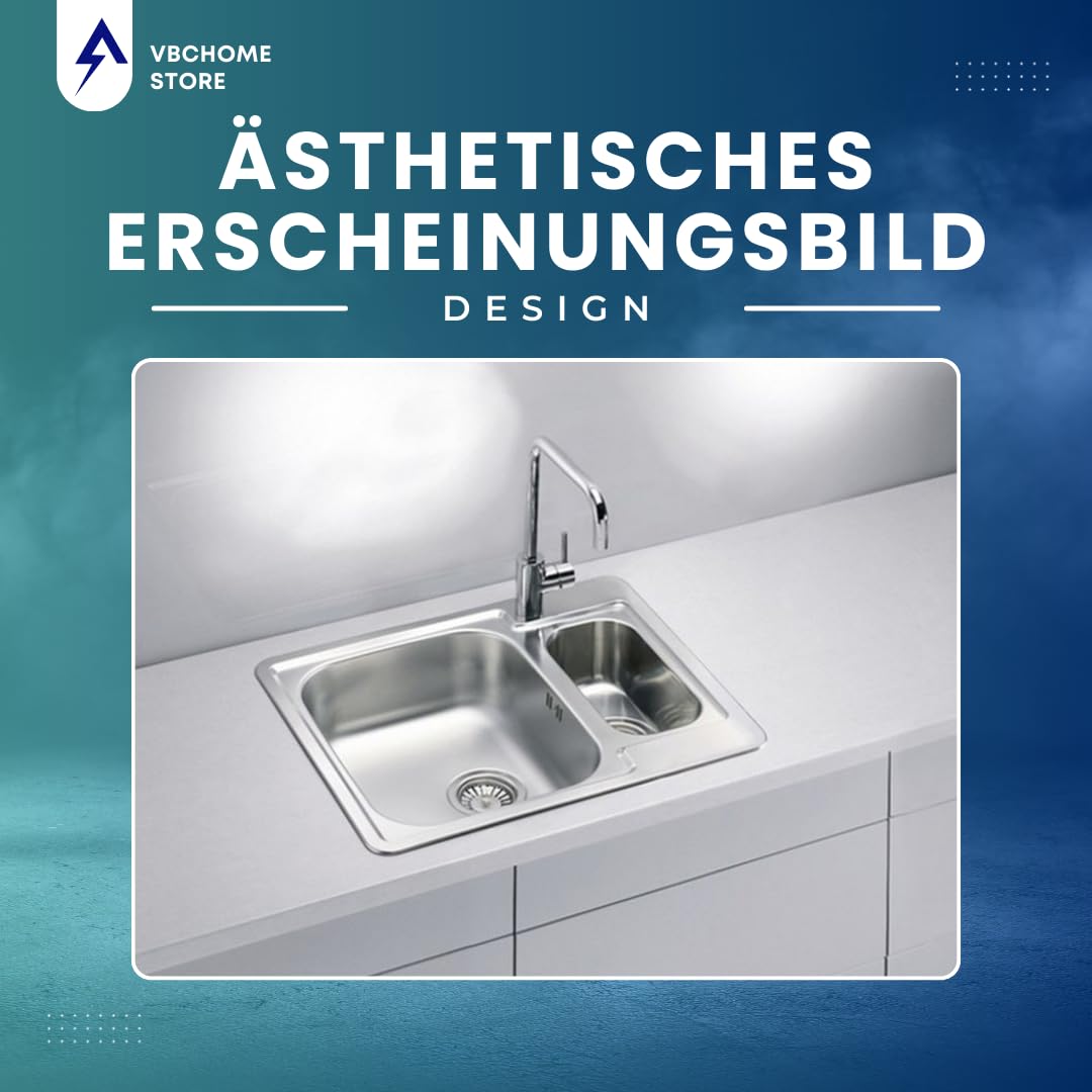 VBChome Edelstahlspüle 62x50 cm Satinstruktur Einbauspüle Küchenspüle Spülbecken Camping 1,5 Becken Ablaufgarnitur Ohne Hahnloch