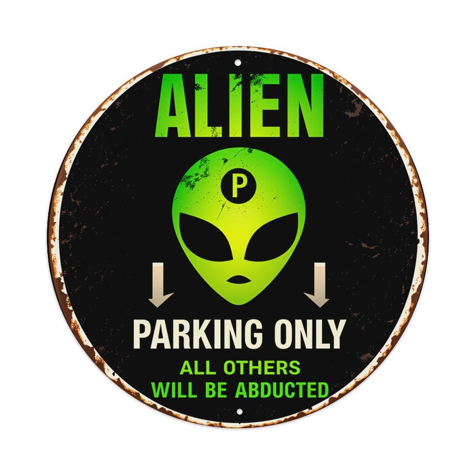 Lzwbntey Vintage Alien Parking Only Sign Pattern Metal Tin Sign Retro Wall Decor For Home Bar Garage Cafe, Indoor & Outdoor Decorative，Circle Metal Poster, 8X8 Inch