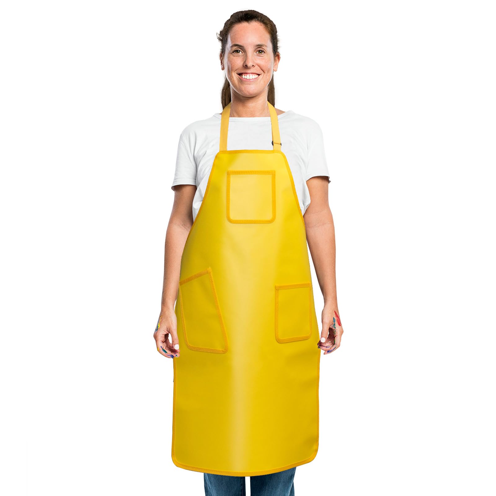 FunWater Waterproof Apron Adjustable with 3 Pockets, PVC Chemical Resistant Work Apron, Cooking, Kitchen, Gardening 31"-39"