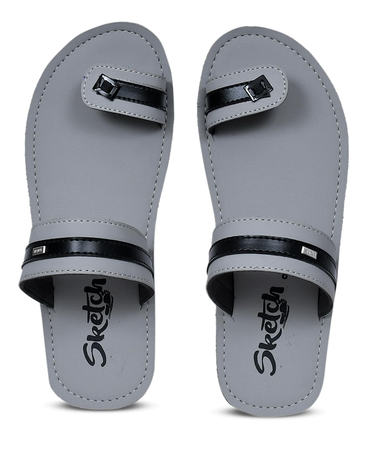 Casual Toe Ring Sandals, Grey and Black Straps, White Sole, Comfort Slip-On-picture-43