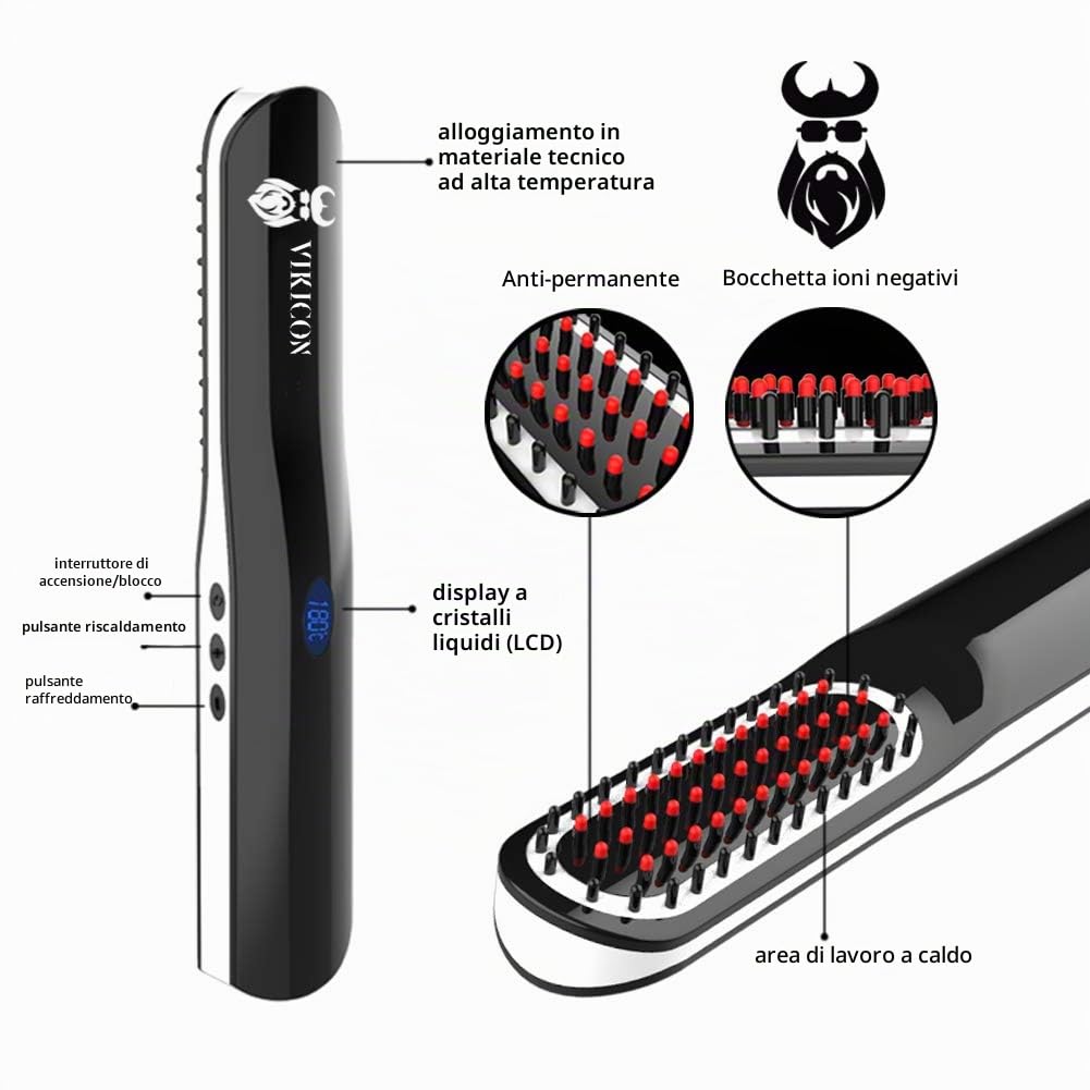 Pettine Barba Capelli, VIKICON Piastra Barba Spazzola Lisciante per Uomo con Cordless/Anti scottatura/Spegnimento Automatico/Temp Regolabili/Mini Sized per Viaggio o Casa