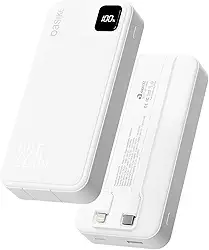 Basike Power Bank, Carregador Portátil Universal 20000mAh, USB-A(até 22.5W)+USB-C(até PD20W), com 2 Cabos Integrados (USB-C, Lightning) Carregamento Rápido, Led Indicador de Bateria (Branco)