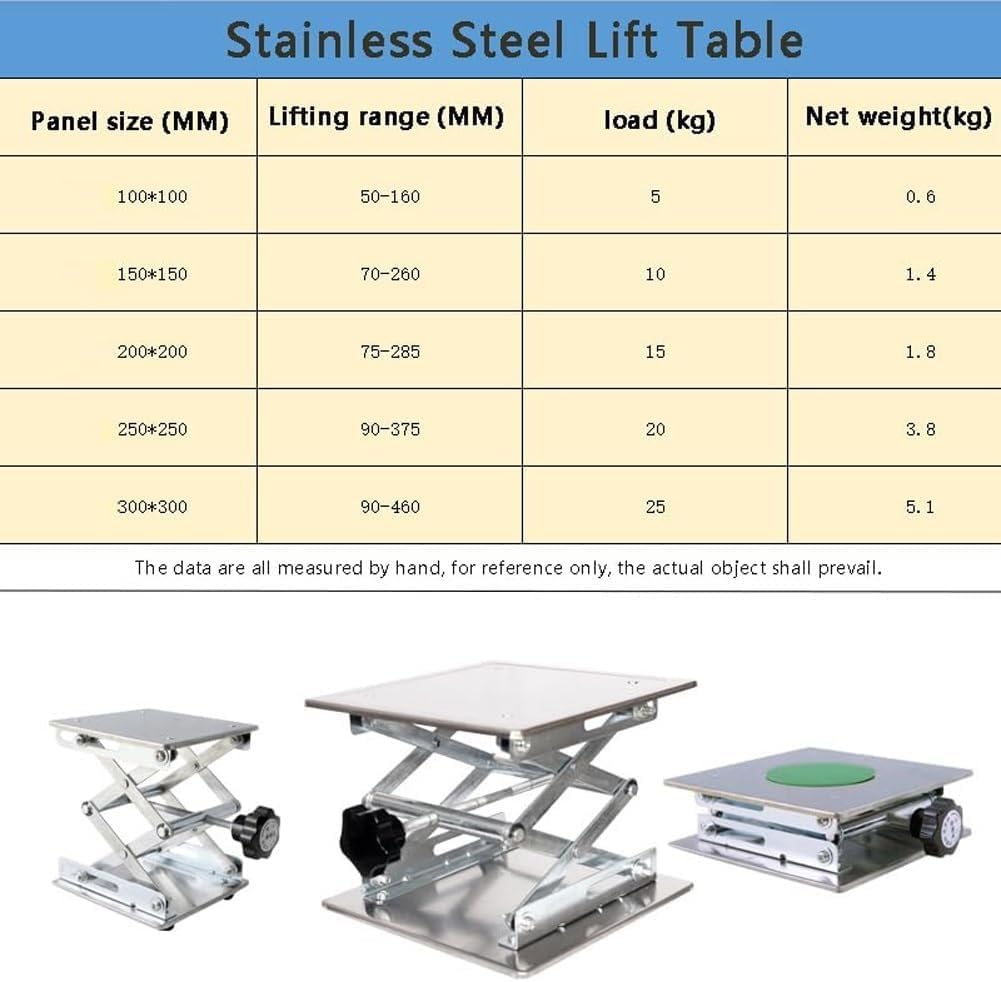 Table de laboratoire réglable en acier inoxydable portable 200 x 200 mm Plateforme pour utilisation en laboratoire Support manuel d'élévation pour expériences et recherches