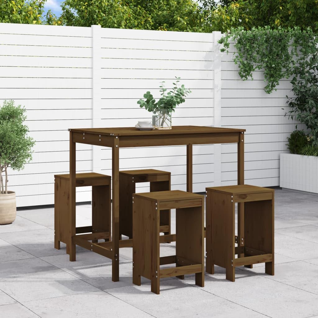 Juego de 5 barras de jardín color marrón miel de pino macizo para terraza, balcón, jardín y porche, incluye mesa y taburetes, ideal para sentarse, comer y relajarse en el exterior