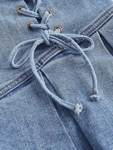 SweatyRocks Women's Plus Size Lace Up Front High Waist A Line Pleated Mini Denim Skirt3