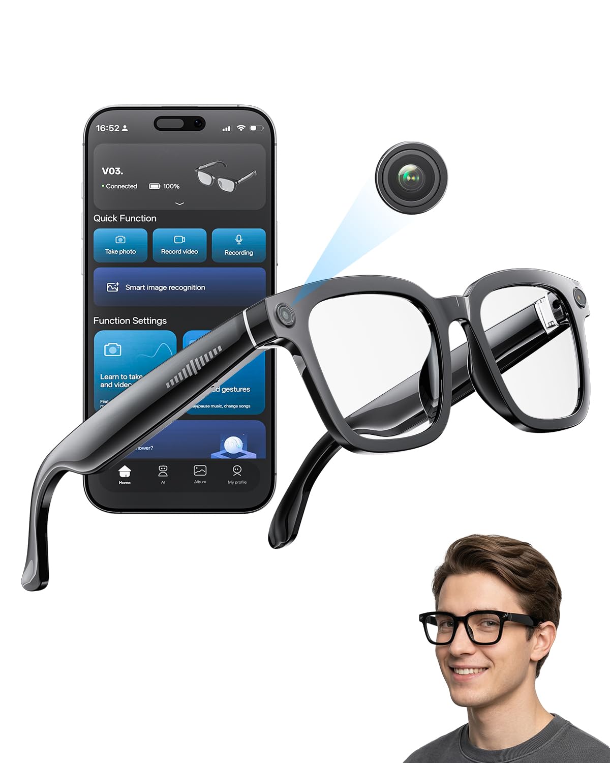 Occhiali Intelligenti Con Fotocamera e Bluetooth, 8 MP, 32 GB, HD 1200p, Con Funzionalità di Registrazione Foto/Video/Audio, Traduzione in Tempo Reale, Assistente Vocale e Riconoscimento Degli Oggetti