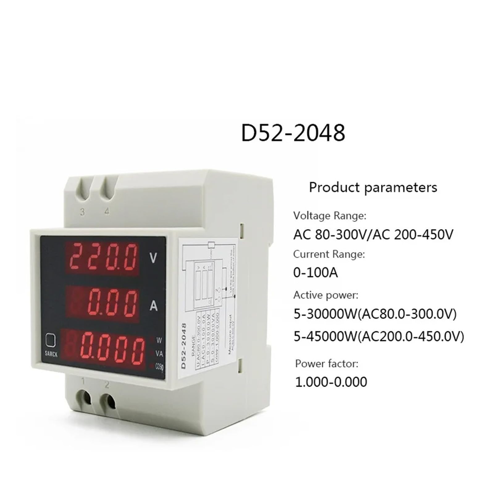 contatore Elettrico Misuratore Multifunzione su Guida DIN AC80-300V AC200-450V 100A Misuratore di energia Digitale Tensione Corrente Fattore di Potenza Attivo Voltmetro(D52-2048,AC 200-450V)