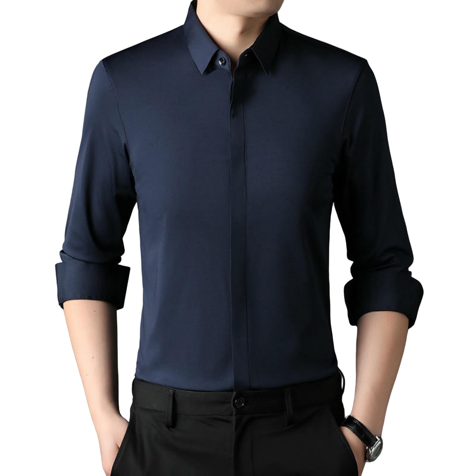 Camicia a maniche lunghe da uomo, tinta unita, slim fit, abbottonatura nascosta, senza pieghe, traspirante, con bottoni