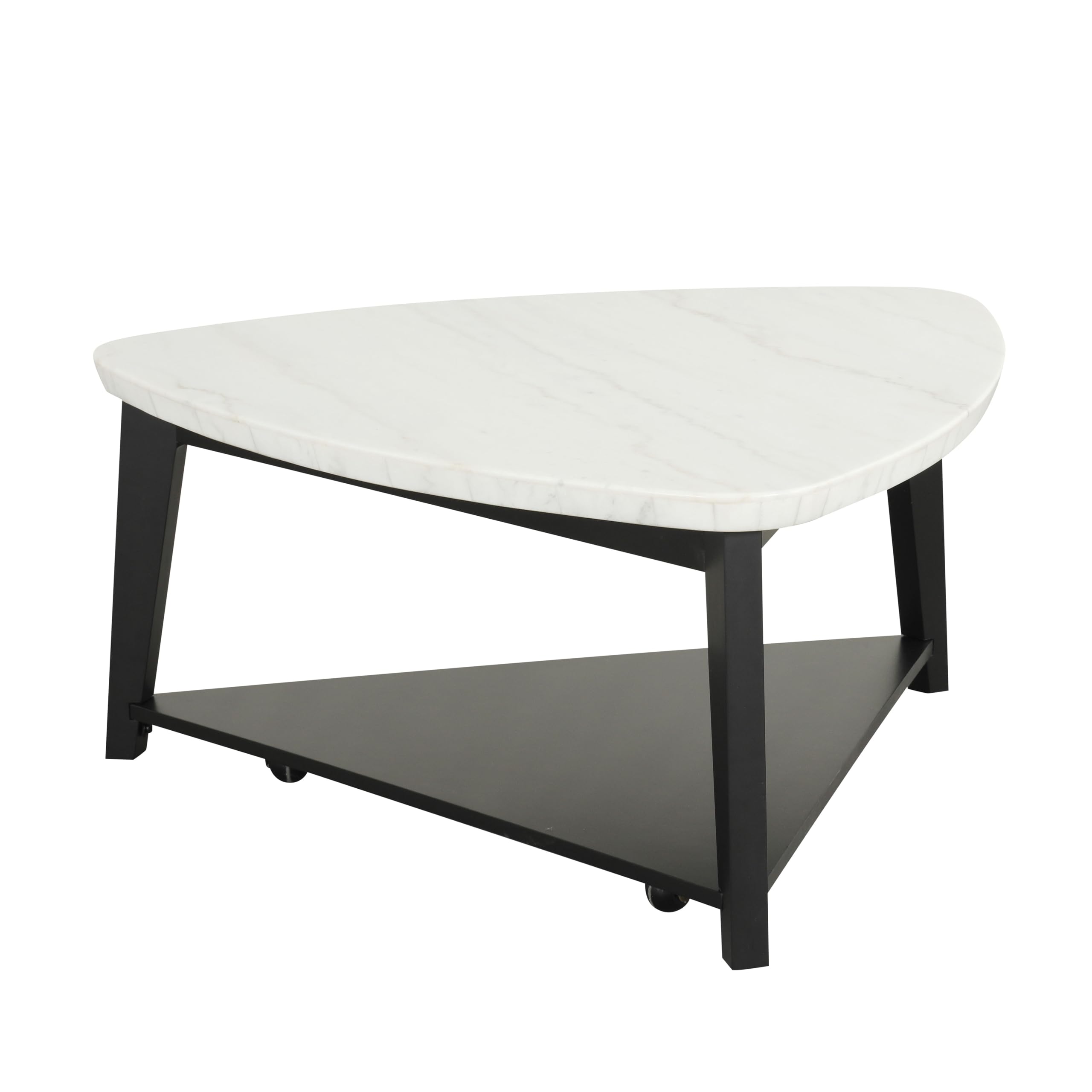 Furniture of America Isolde Modern 40-inch 1-Shelf Genuine Marble Top Triangle Coffee Table with Wheels and Tapered Legs
