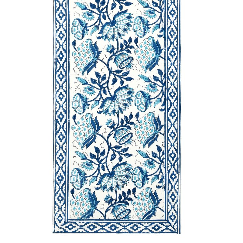 Image of BLOCKS OF INDIA Hand Block Printed Cotton Table Runner, Mat and Napkin Set for Center /Dining Table (Blue JAAL), 13 pc Set