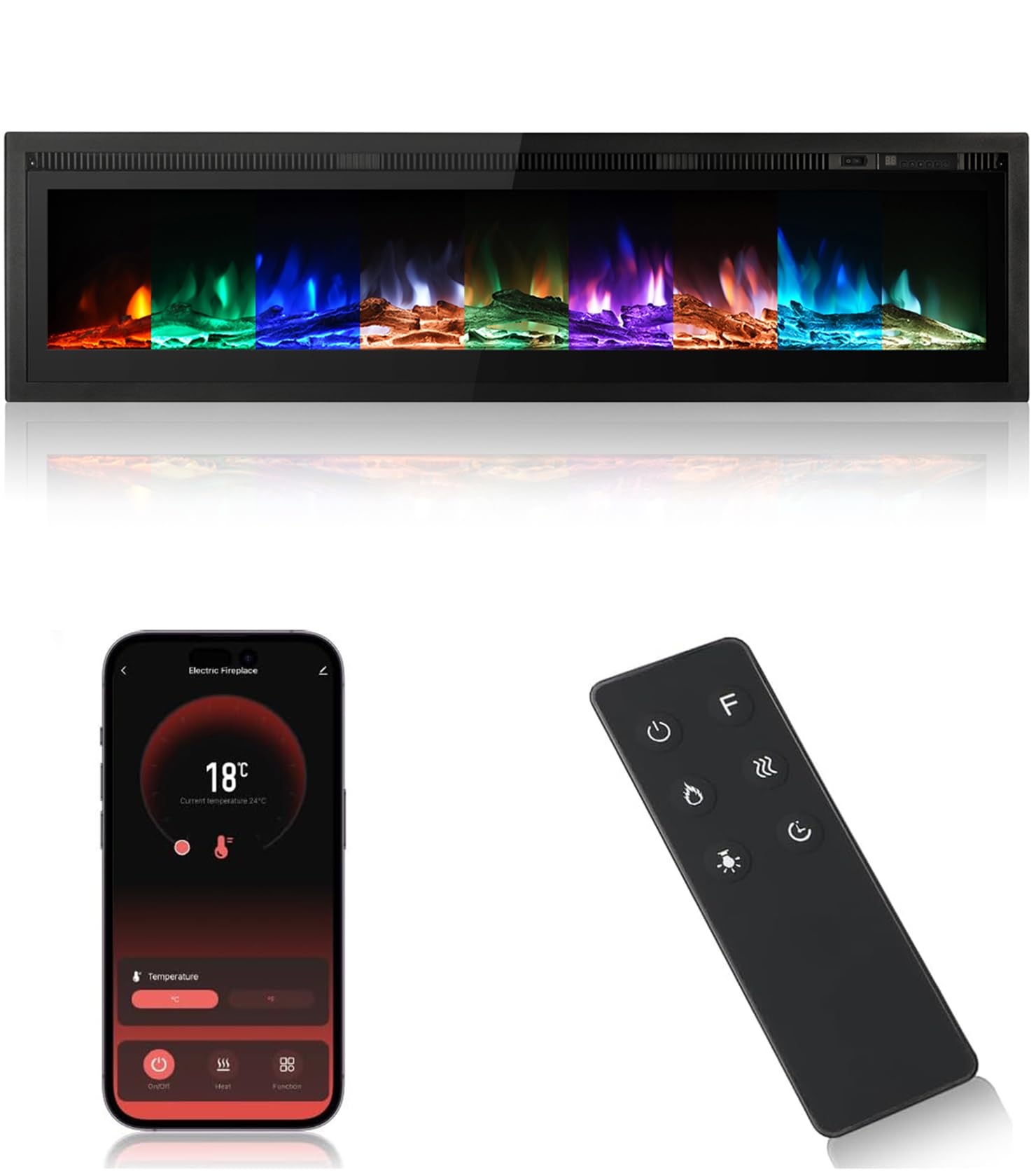 M.C.Haus Insert de Cheminée Electrique Mural Autonome en Métal avec Flamme Colorée, Télécommande avec Cristal (60"/153cm, Smart WiFi)