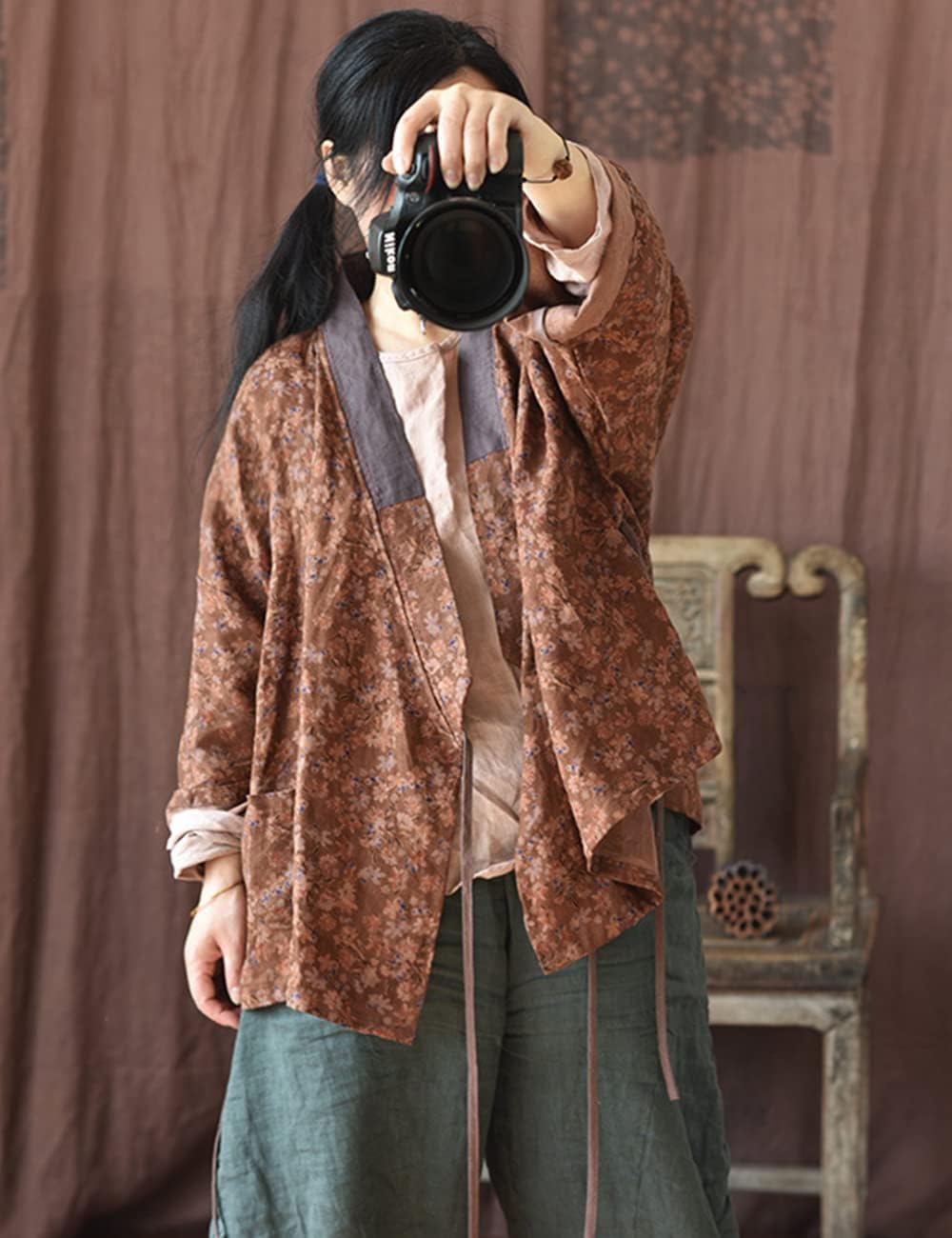 NFYM Women's Cotton Padded Short Jacket Kimono Cardigan Wrap Front Chinese Hanfu Style Printed Patchwork Loose Outwear - Image 3