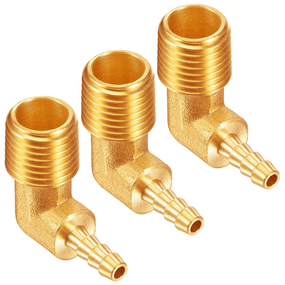 Uenede 3PCS Brass 3/8"NPT Male to 1/4" Barb 90 Degrees Elbow Thread Pipe Hose Barb Fittings for Water/Oil/Gas