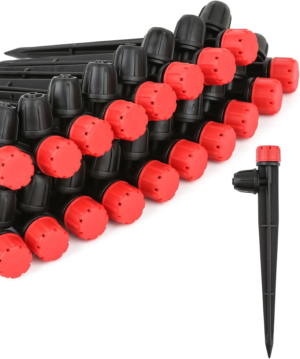 50pcs Drip Irrigation Emitters for 1/4" Tubing, 360 Degree Adjustable Flow | Drippers with Lock Barbed, 5" Arrow Stake, Irrigation Drippers for Diy Garden Watering System Kit