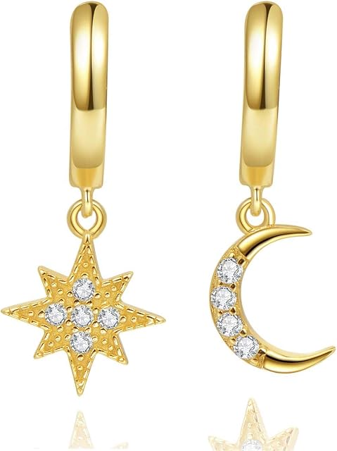 Star Moon Huggie Hoop Earrings, 14k Gold Plated Sterling Silver Small Blue CZ Evil Eye Earrings for Women or Girl
