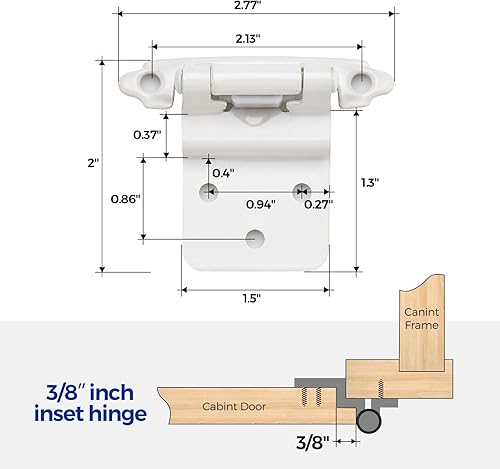 Miniatura 3 de Ravinte 10 paquetes (5 pares) de bisagras de gabinete blancas de 38 pulgadas, bisagras de cierre automático para cocina, baño, muebles, gabinetes y