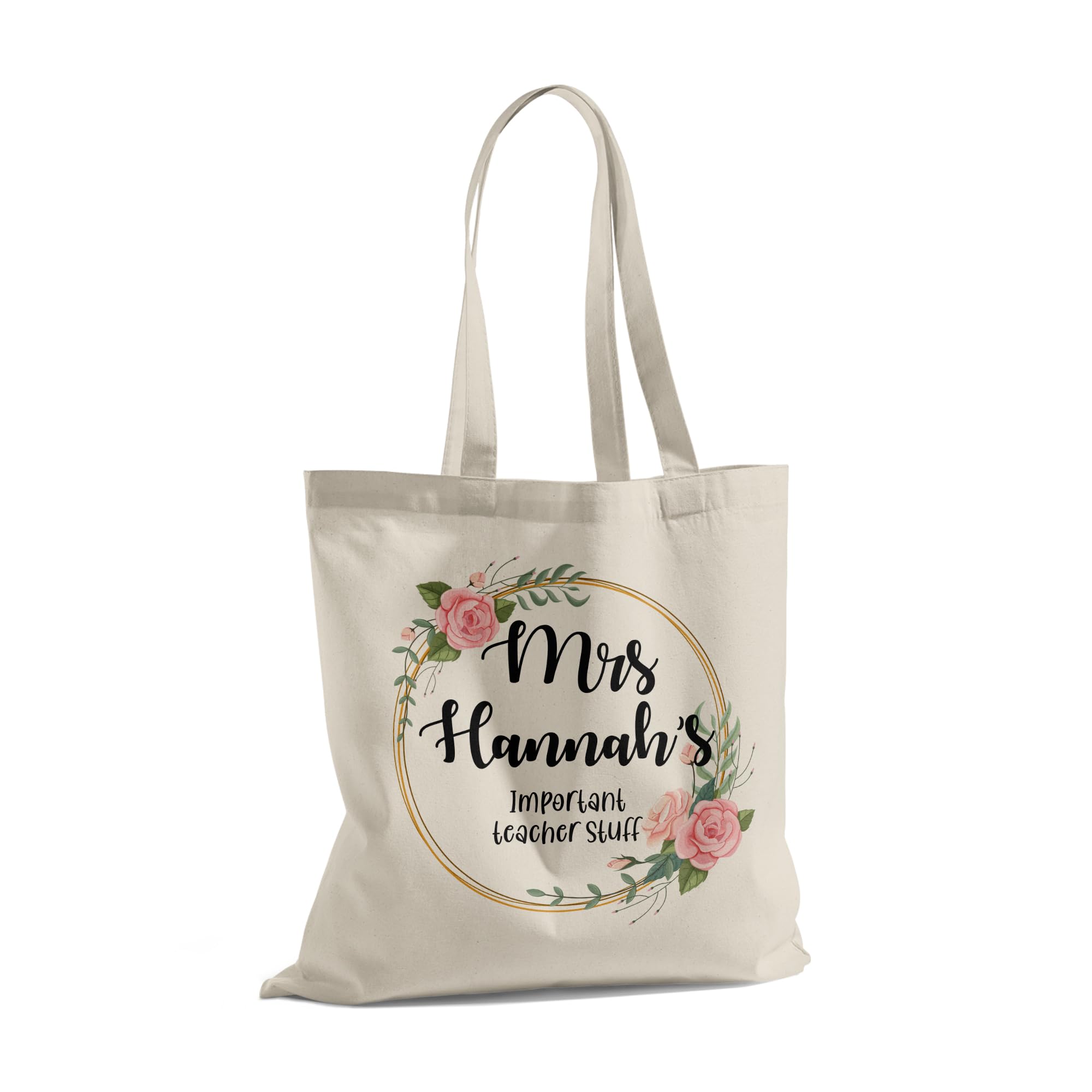 Personalised Teacher Tote Bag – End of Term Thank You for School, Nursery or Assistant – Custom Floral Design – Reusable Shopping or Book Carrier – Natural Colour – 42x37cm – 100% Polyester. — image 1