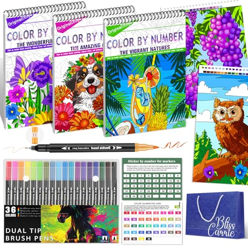ADEVIAN 3-in-1 Color by Numbers Adult Coloring Books with 36 Colors Markers Spiral Bound & Single-Sided Easy Number Matching & Tear-Out for Framing Stress Relief & Creativity for Beginners