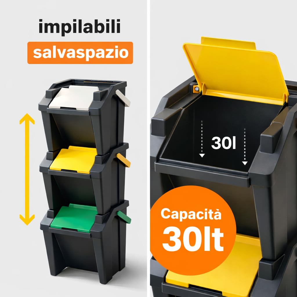 Maury's Set 3 Pattumiere da 30 Litri Differenziate Cestini e Bidoni da Interno ed Esterno per una Raccolta Differenziata Pratica e Organizzata Ecologic Componibile Con Manici Made in Italy
