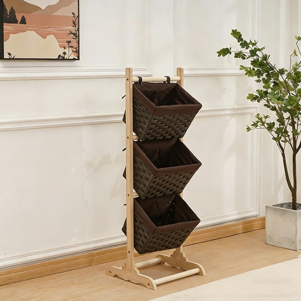 Folding Laundry Basket Household Storage 3-tier hanging with wooden frame,modern freestanding hanging,multifunctional shelves