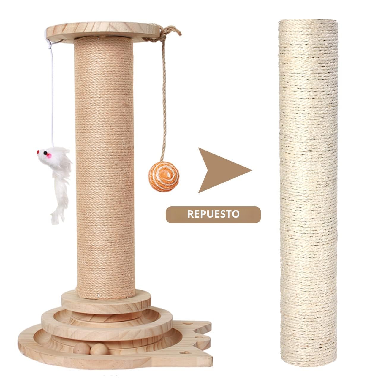 Poste rascador de sisal natural de repuesto para gatos, 40 cm, 2 piezas M8 Recambio de poste rascador para gatos, piezas del palo para reacondicionamiento, color blanco, incluye tornillos