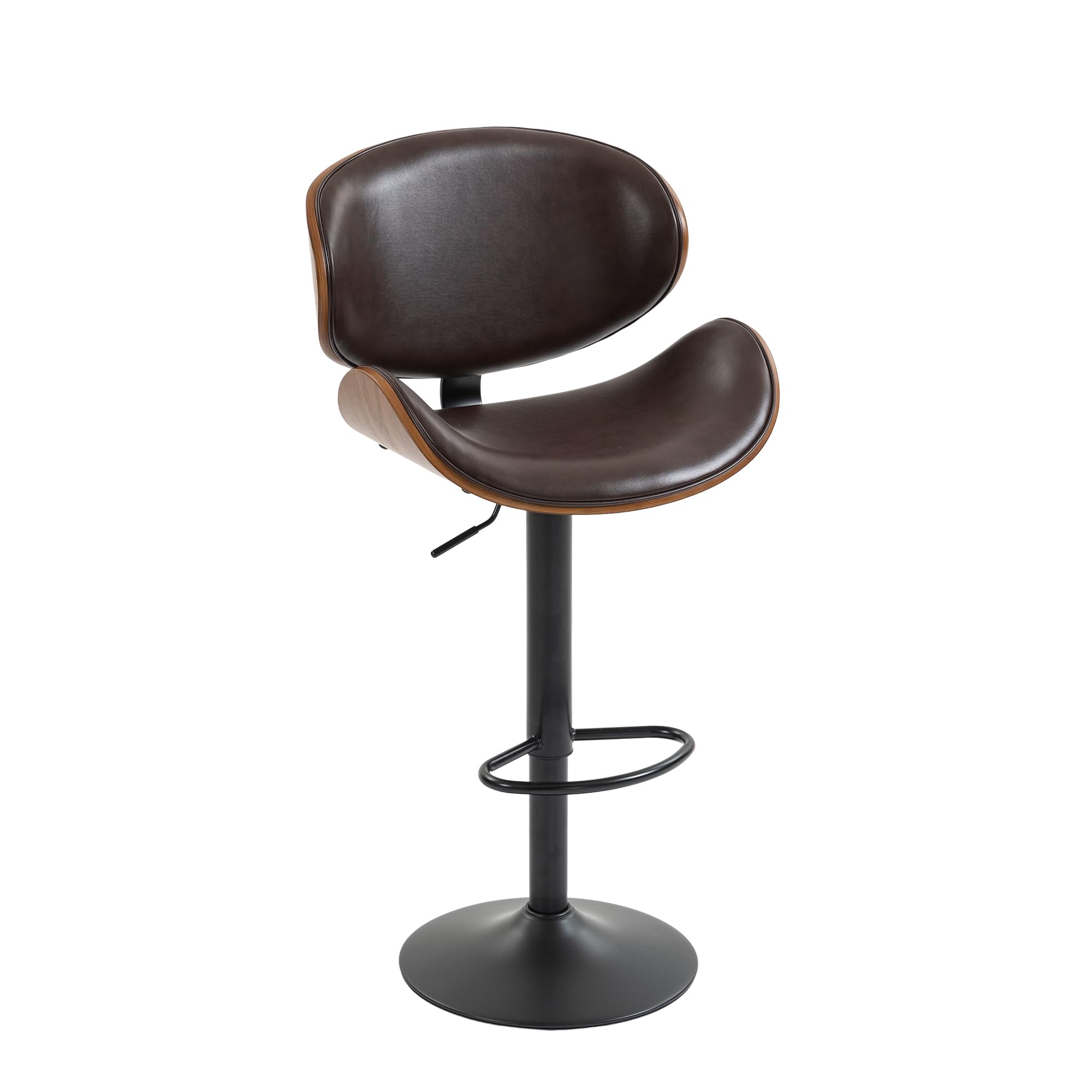 REXO Juego de 2 taburetes giratorios de barra de madera curvada de piel sintética, respaldo ergonómico y reposapiés para bar y isla de cocina, color marrón