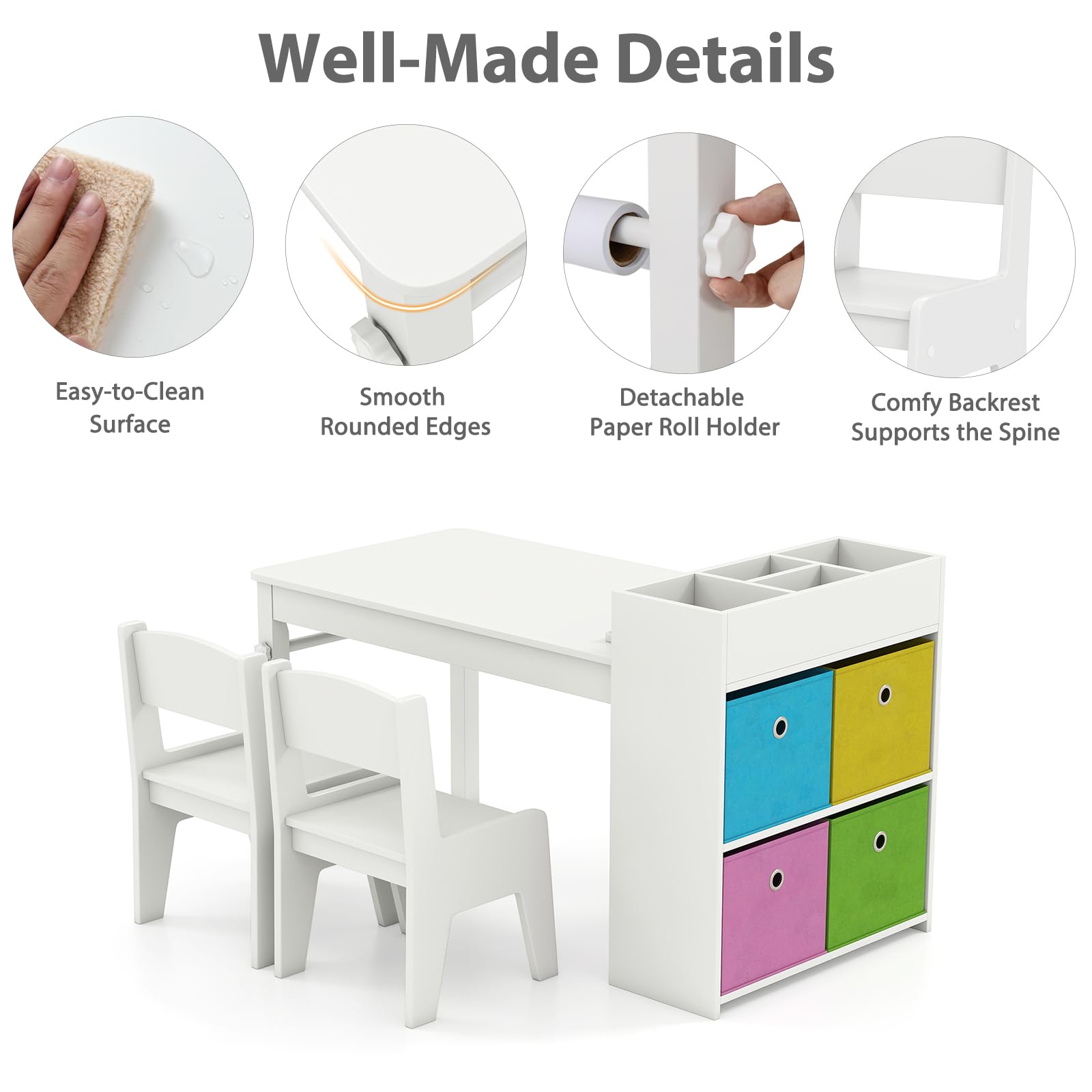 LIFEZEAL Kindertisch mit 2 Stühlen, Kinder Spieltisch und Stühle Set mit Papierrollen und 4 Stoffablagekörben, kindersitzgruppe Aktivitätstisch zum Malen, Schreiben für Mädchen & Jungen (Weiß)