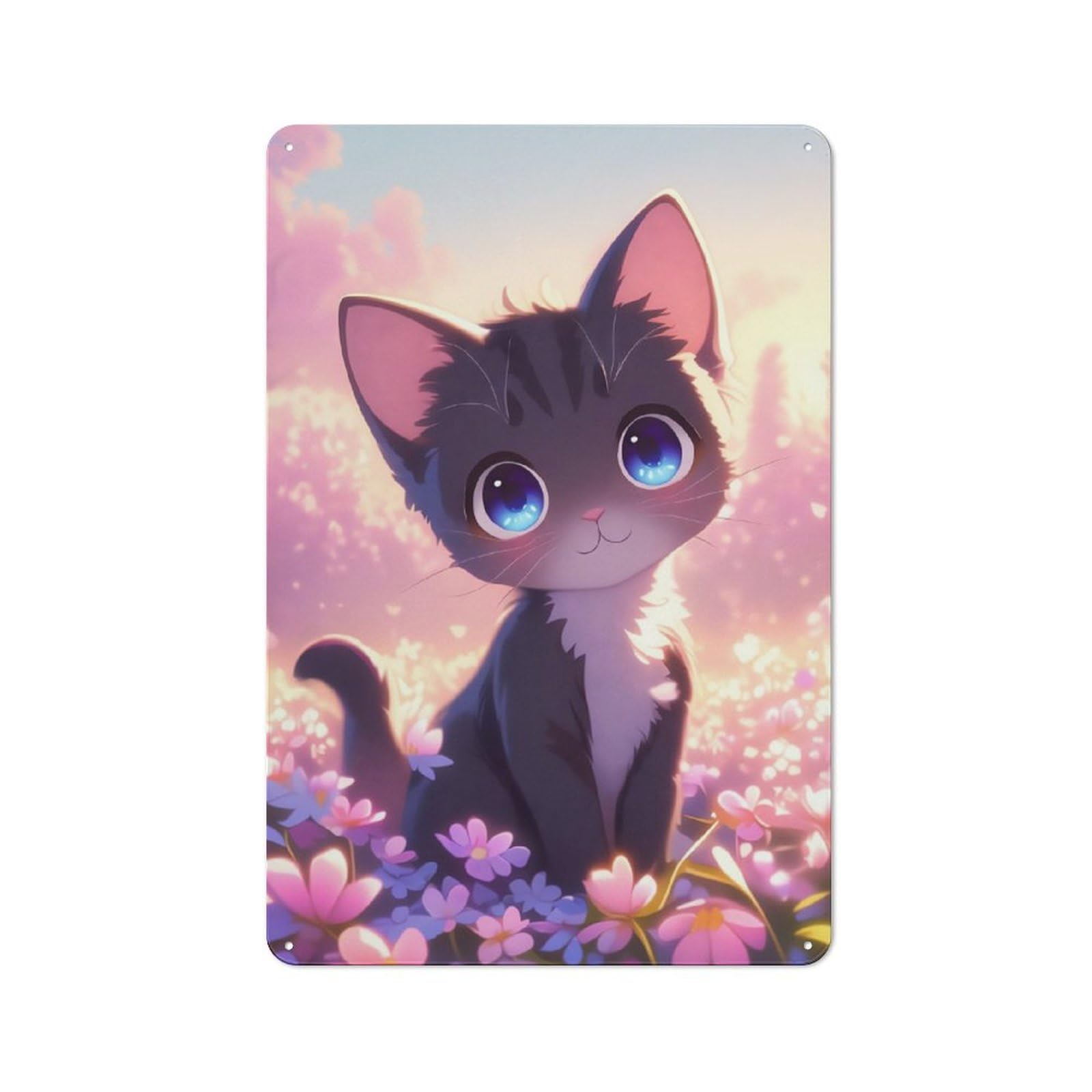 Junmoney Cute Anime Kitten In Meadow Office Metal Sign 30X20cm, Understated Office Wall Decor For Workspace, Cafe, Shop Or Desk Area