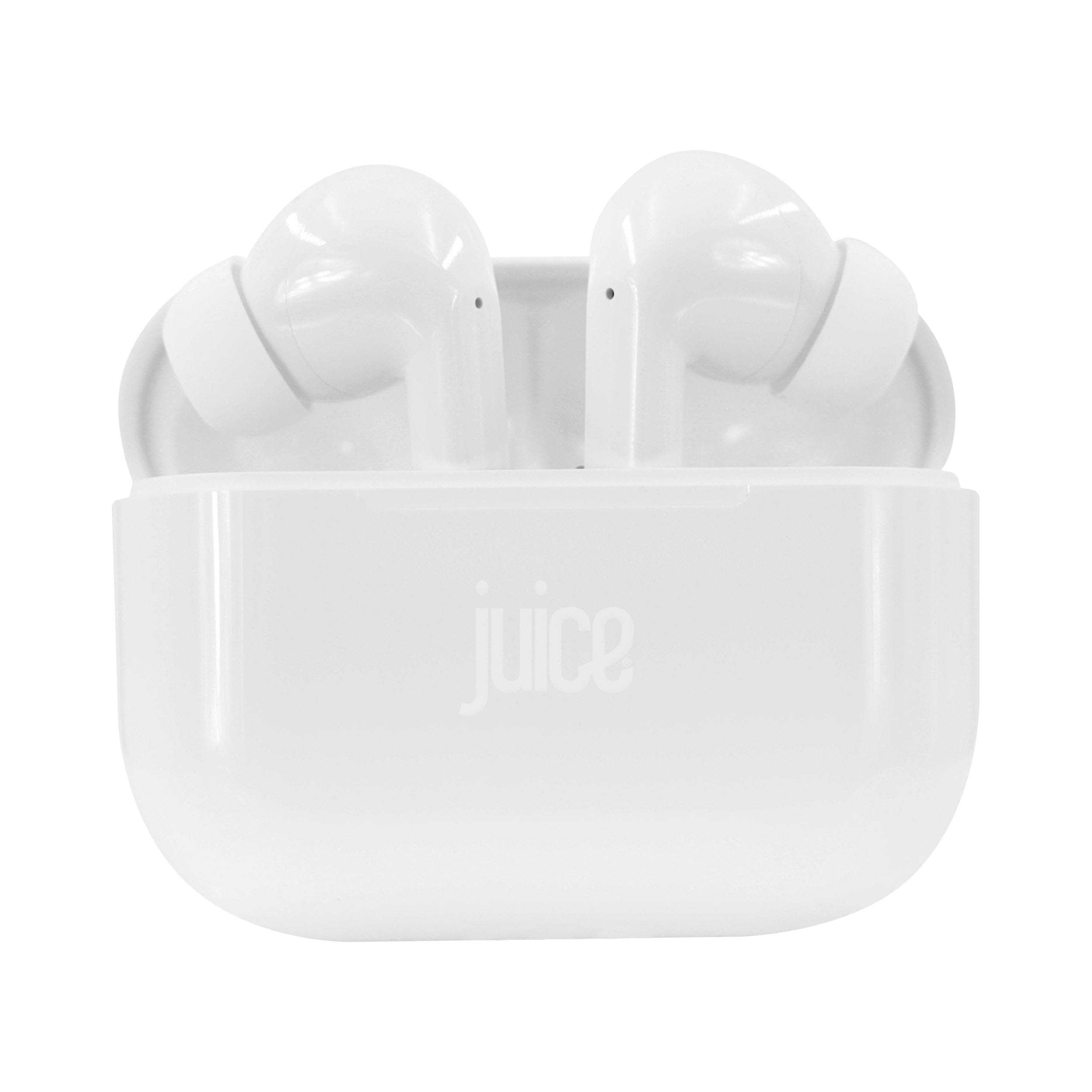 Juice®airphones Go True Wireless Earbud headphones, 5 Hours Playtime, Wireless Charging Case, Rich, Clear & Powerful Sound, Multi-Function Touch Controls, Bluetooth 5, IPX4 - White